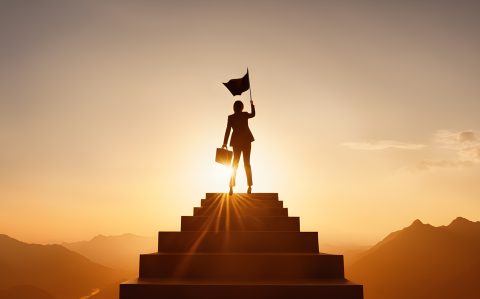 Silhouette businesswoman holding flag and rise it up standing on